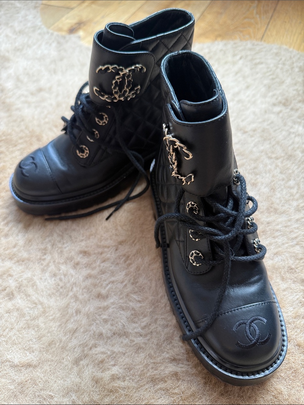 CHANEL Black Quilted Leather Combat Boots with Chain CC Detailing size 5